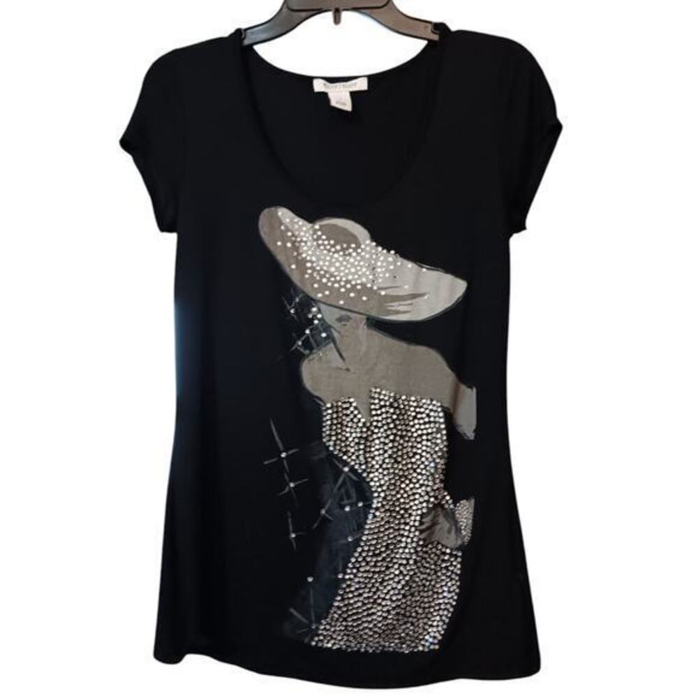 WHBM Beaded‎ Top Shirt Size Small Stretchy Shiny Bling Art to Wear Black Silver
